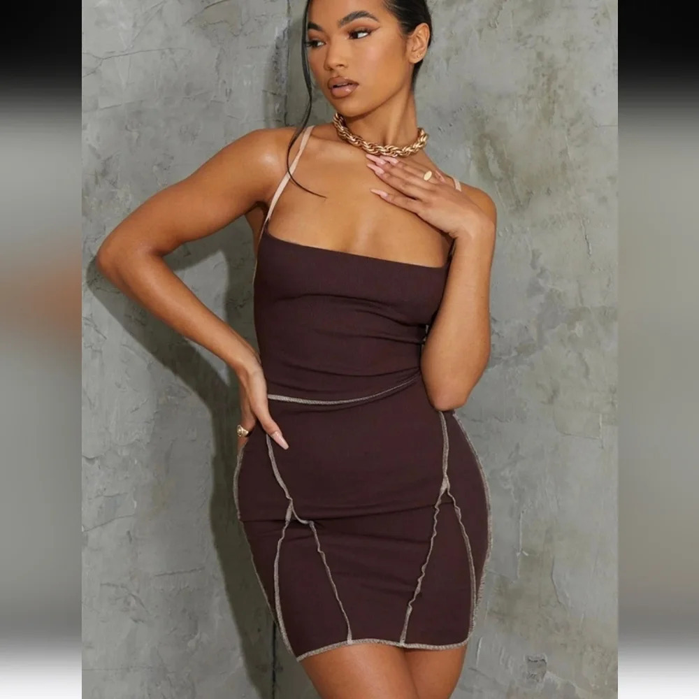 Pretty Little Thing Chocolate Stitch Lace Up Back Bandeau Bodycon Dress Size 10